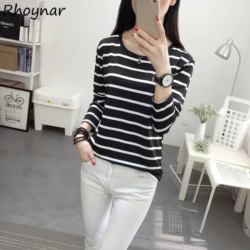

Long Sleeve T-Shirt Women Design Striped Simple All-match Daily Loose Soft Korean Style Office Ladies Basic Girlish Popular Chic