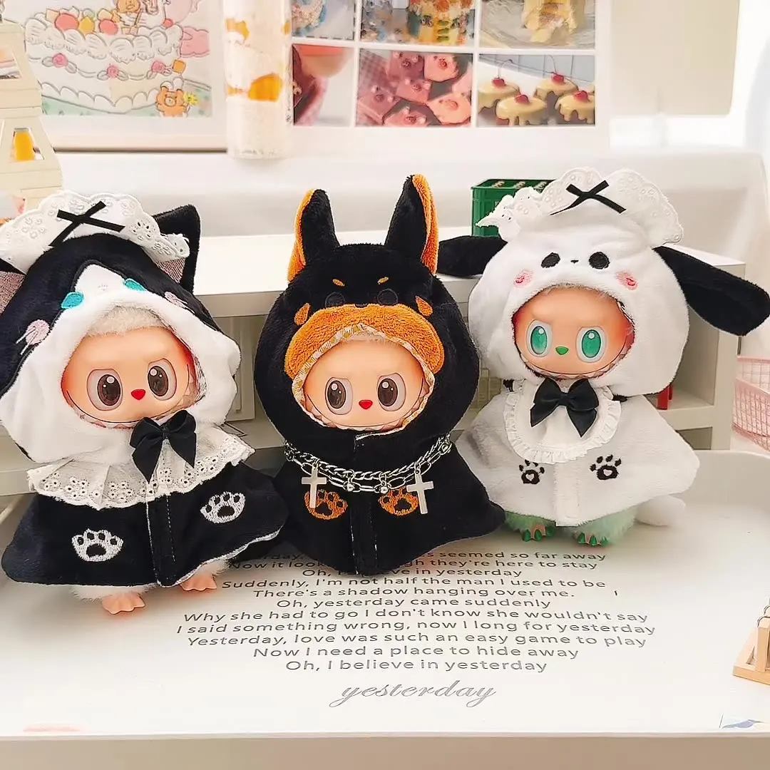 Labubu Cat Doll Clothes For 15/17cm Labubu Animal Maid Black Cat White Dog Shawl ...