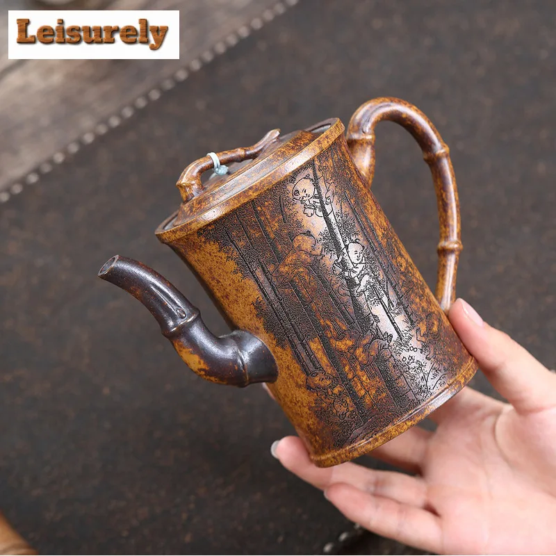 330ml Yixing Purple Clay Teapots Handmade High Bamboo Joint Pot Raw Ore The Keel Gold Sand Mud Kettle With Strainer Zisha Teaset