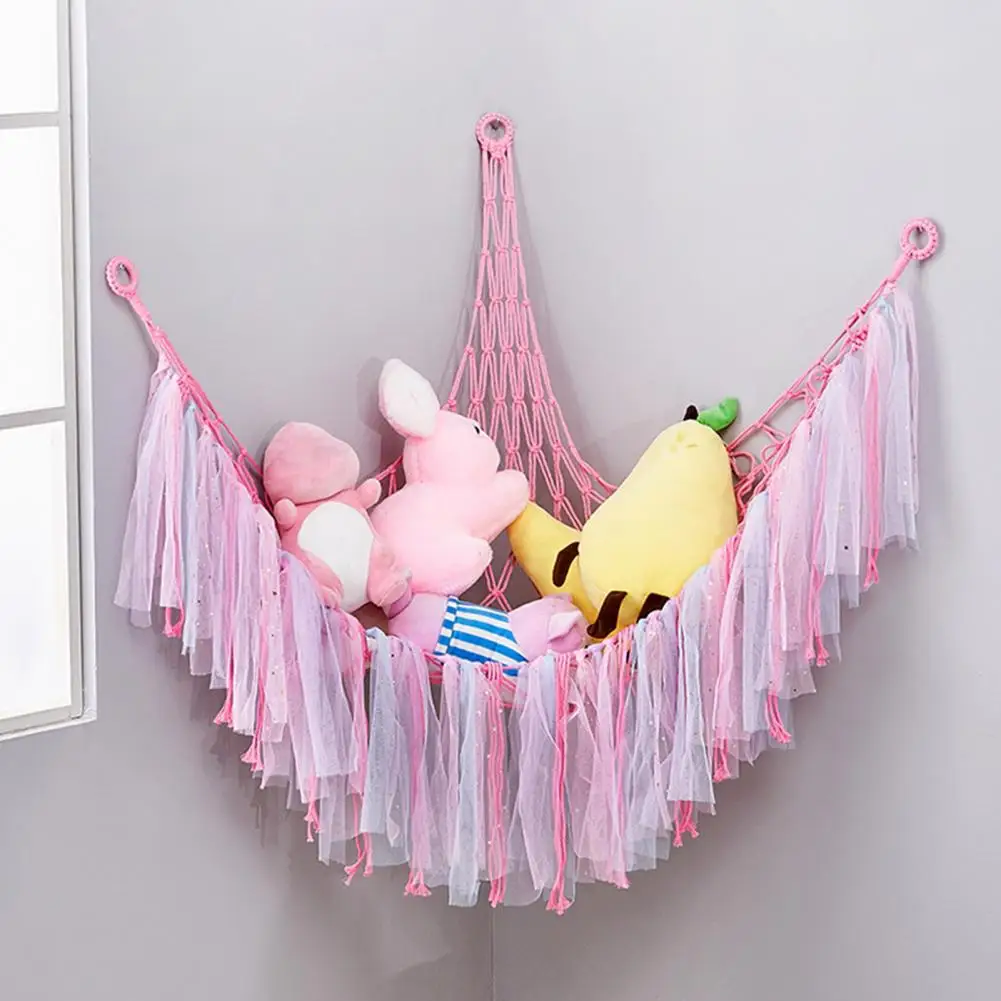 

Mesh Toy Net Hand Woven Triangle Hanging Foldable Cotton Colorful Ribbon Toys Organizer Hammock Household Supply