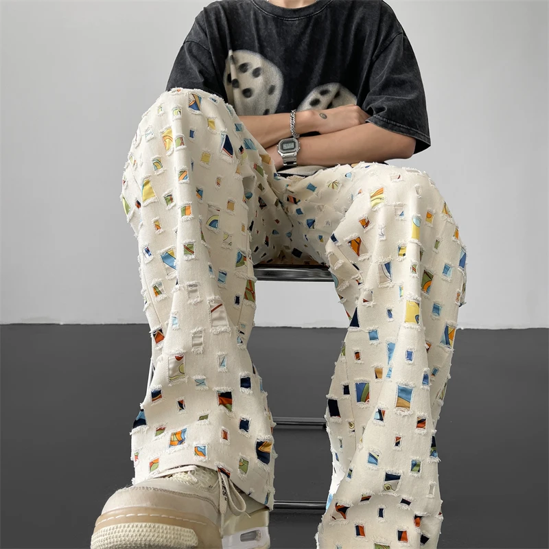 Cotton Casual Pants for Men Fashion Retro Colored Plaid Streetwear Hip-hop Loose Hollow Out Hole Trousers M-3XL casual pants