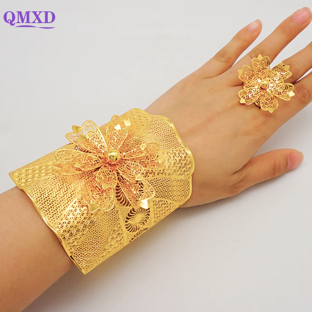 

Dubai Open Cuff Bangle&Ring For Women Moroccan Big Gold Color Bracelet Indian Arabic Hand Jewelry Nigeria Wedding Jewelry