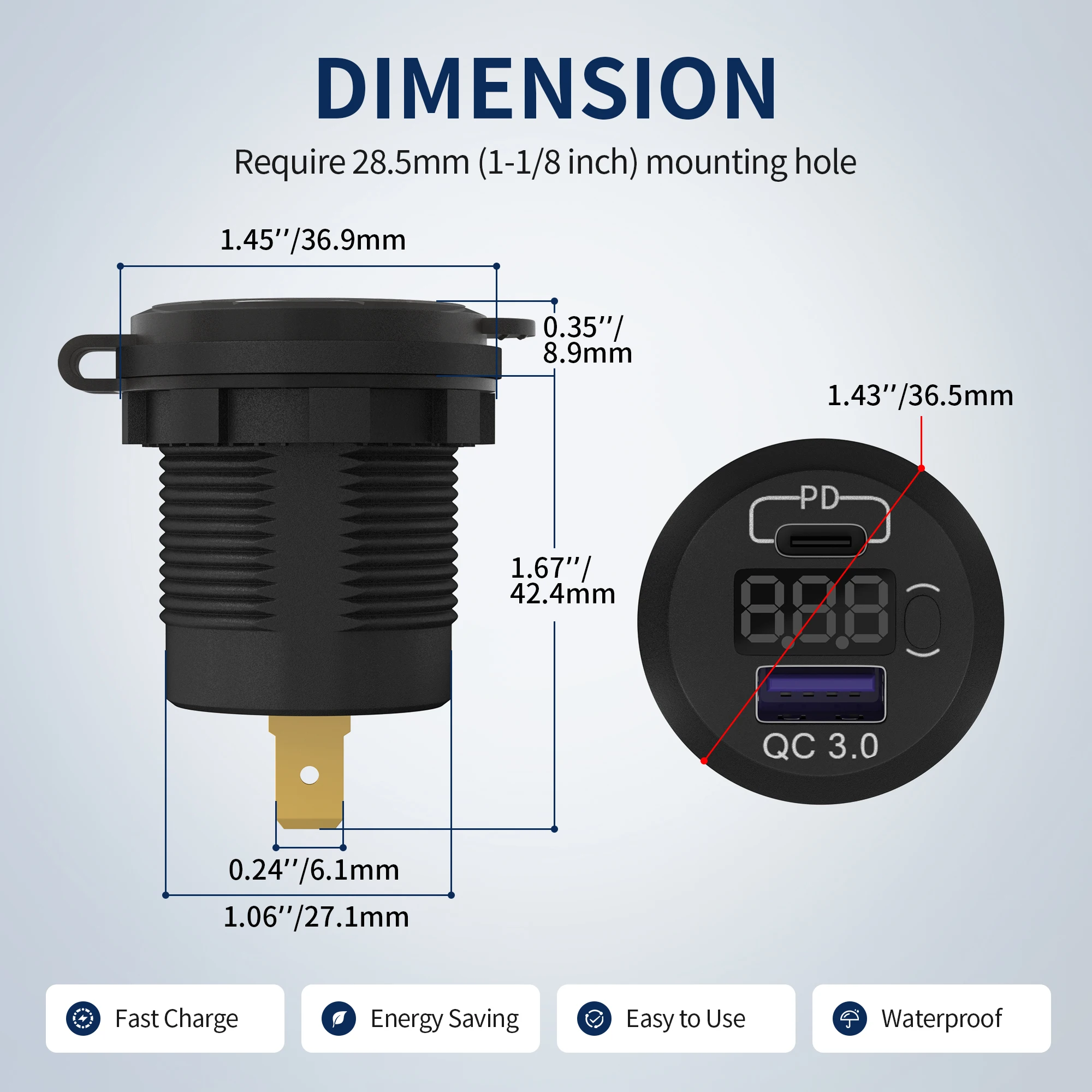  USB C  , 12 V USB ܼƮ, 48W PD Ÿ C  QC 3.0, 12 V  USB   Ʈ, а ON/OFF ġ