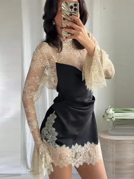 Elegante Abito in Raso con Pizzo, Collo Alto, Maniche Lunghe, Color Block, Mini Vestito Y2K, Primavera 2026, Nuovo Sexy Abbigliamento da Festa e Club per Donna