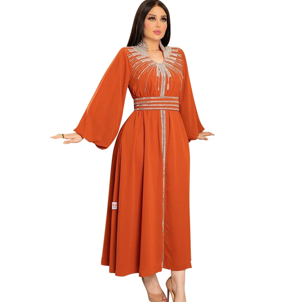 

Chiffon Muslim Dress Women With Diamond Flare Sleeve Robes 2023 Fashion New Elegant Jalabiya Islam Abaya Muslim Party Maxi Dress