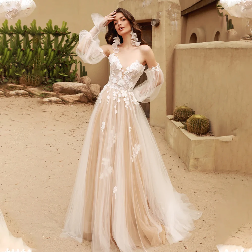 Vestidos de novia boho vintage de encaje de estilo bohemio con hombros descubiertos Champán