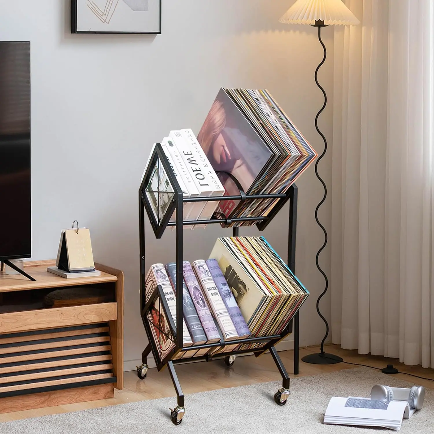 Vinyl Record Storage Rack, 2 Tier Record Organizer With Wheels, 200 Lp Albums Storage Rack Shelf, Metal Records Display Shelf 3