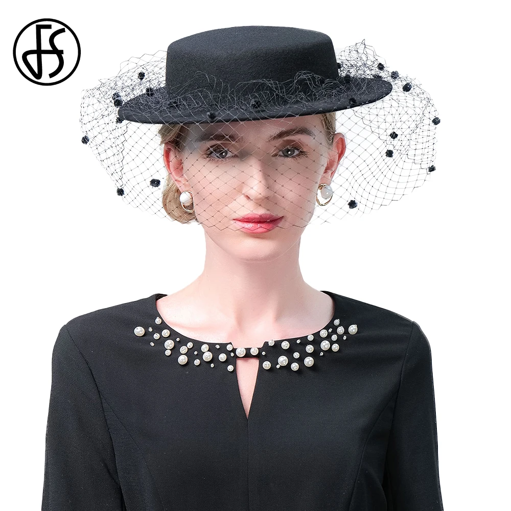 FS Female Vintage Black Flat Top Hats For Women With Veil Elegant