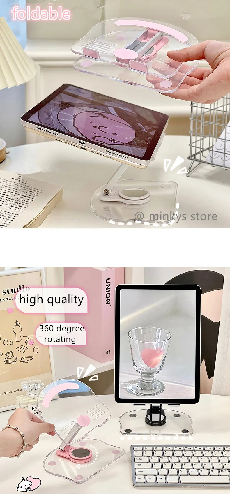 MINKYS-Suporte Portátil Dobrável para iPad, Kawaii, Rotação