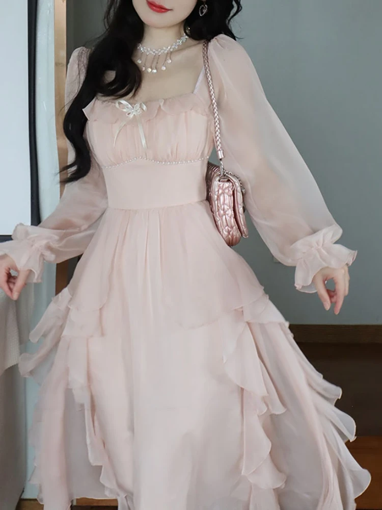 2023 Summer Pink Chiffon Vintage Fairy Dress Donna Stile Coreano Elegante Party Midi Dress Corte Femminile Retro Flare Sleeve Dresses