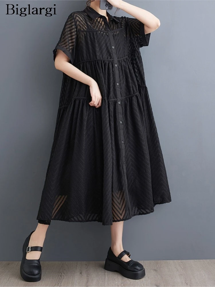 

Summer Loose Ruffle Pleated 2 Two Piece Set Women Sleeveless A-Line Ladies Slip Dresses See Through Modis Woman Midi Shirt Dress