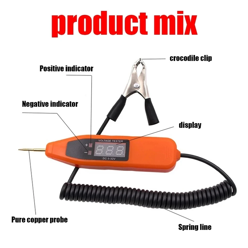 Qiilu Tester Per Circuiti Elettrici Auto 2.5-32V - Sonda Diagnostica Con Display LCD E Torcia LED - Cavo 2,4m