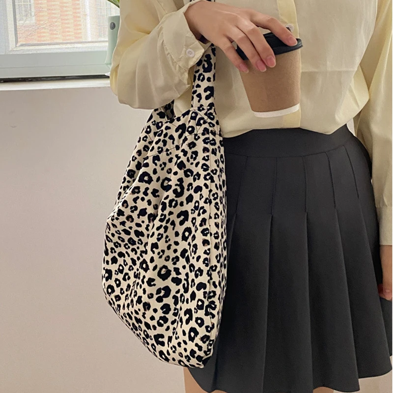 Women's Bag Cheap Casual Large Capacity Shoulder Bags Shopper Canvas Fashion Harajuku Zipper Leopard Pattern Print Handbags