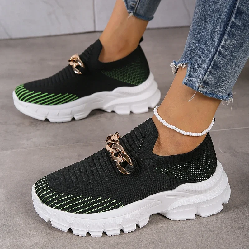 

Metal Chain Platform Sneakers Women 2024 Mixed Color Knitted Breathable Mesh Flats Woman Thick Bottom Loafers Size 42