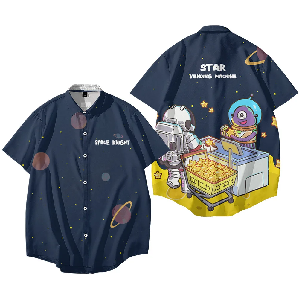 

Cartoon Space Printed Summer Short Sleeve Beach Shirt Fashion Casual Hawaiian Streetwear Clothes Camisa