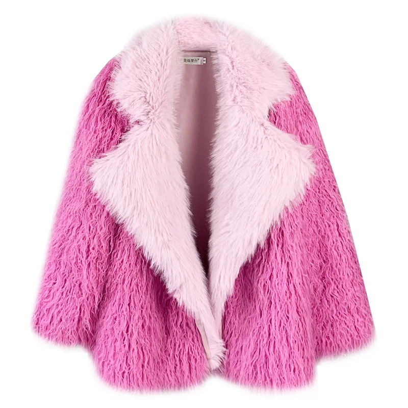 Winter New Women Faux Fur Coat Imitated Tibet Sheep Fur Mid-Length Toka Lapel Outwear Fashion Patchwork Warm Lamb Wool Outcoat