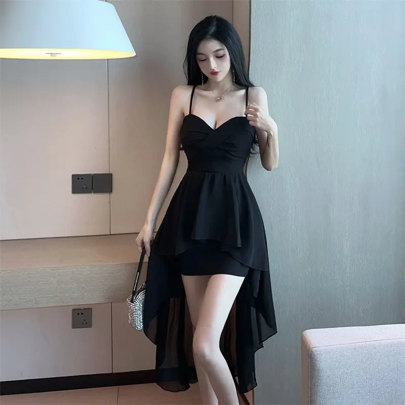 우아한 불규칙 드레스 슬립 드레스, 나이트 클럽 여성 섹시 튜브 탑, 프론트 숏 백 롱 쉬폰 더브테일 드레스 