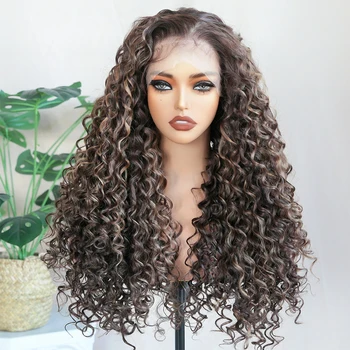Parrucca sintetica riccia crespa Parrucca frontale in pizzo 13x6 Evidenzia marrone 26 "parrucche sintetiche in pizzo con capelli da bambino pre pizzicati per le donne