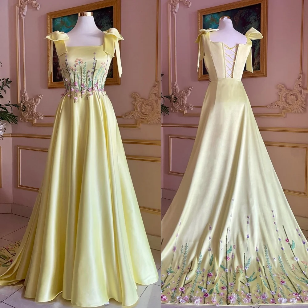 

Ball Dress Evening Saudi Arabia Satin Draped Pleat Embroidery Cocktail Party A-line Square Collar Bespoke Occasion Gown