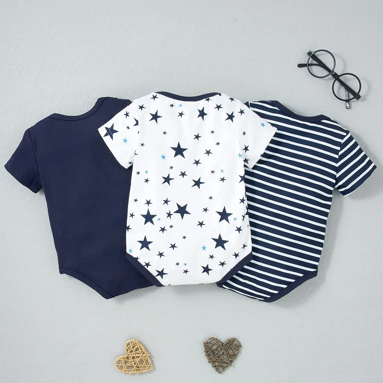 3PCS Baby Multi Color Round Neck Short Sleeve Romper Bodysuits Set  Newborn Cute Baby Clothing