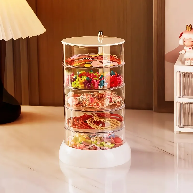Rotating Multi-Layer Transparent Storage Box with Transparent Dome Lid | White Base and Transparent Shelves, Dust-Proof Design