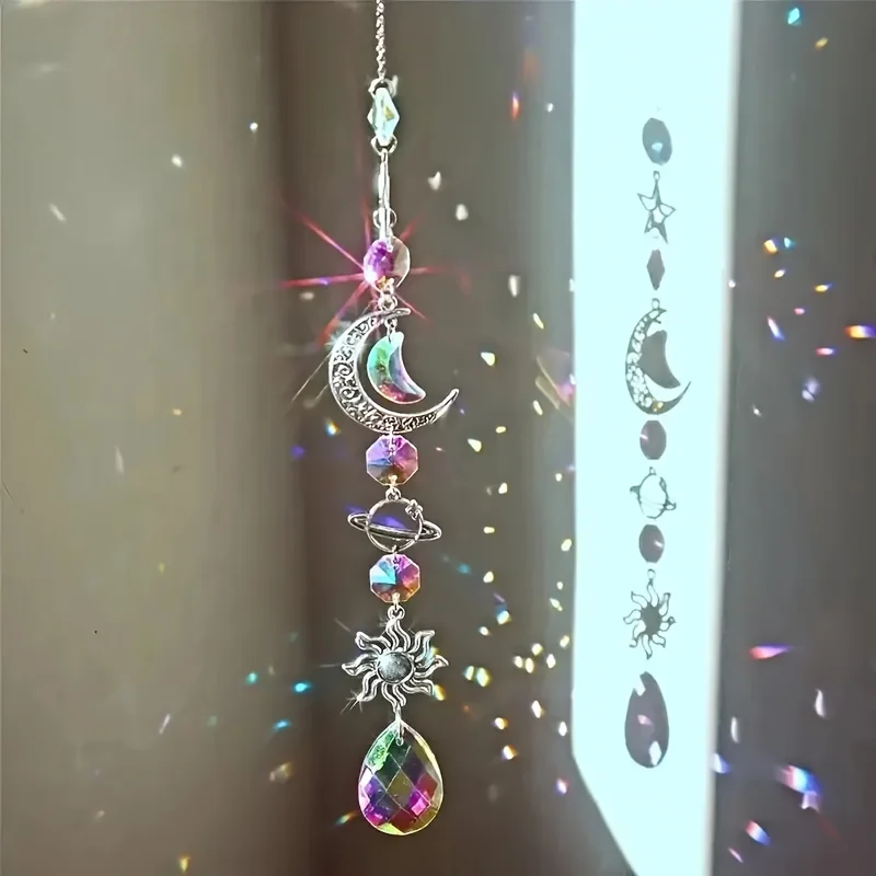 1/3pcs Unique Crystal Moon & Sun Wind Chime with Diamond Prism Pendant-Vibrant Rainbow Dream Catcher for Home and Garden Deco