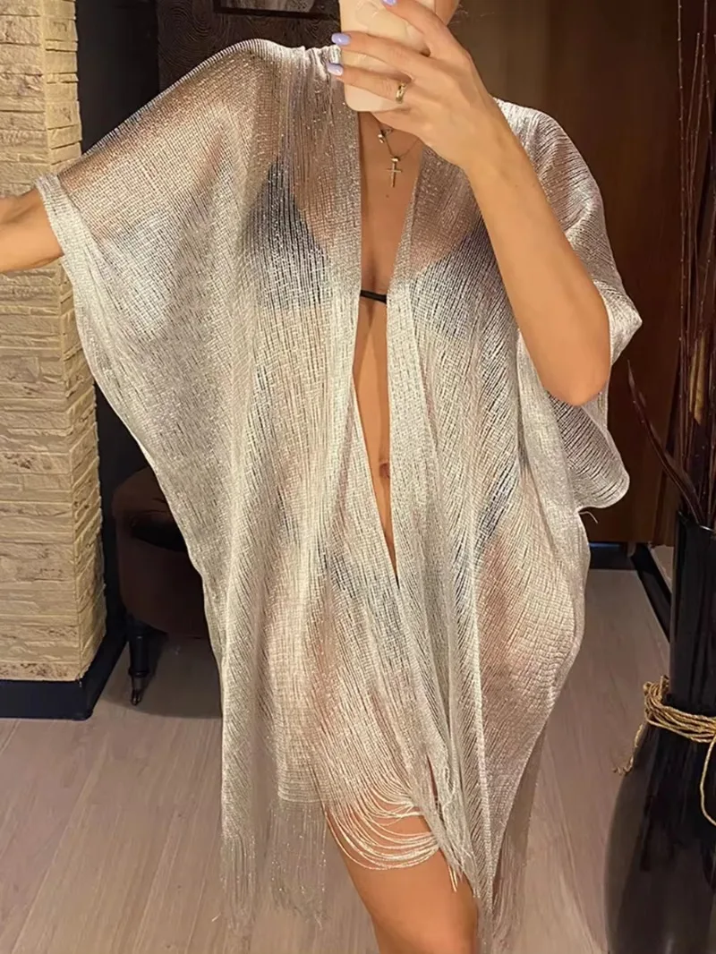 Swimsuit Cover-ups  Fashion Tassel Gold Bikini Beach Cover Up Sexy Beach Dress Tunics for Women Summer Wear See Through - 6