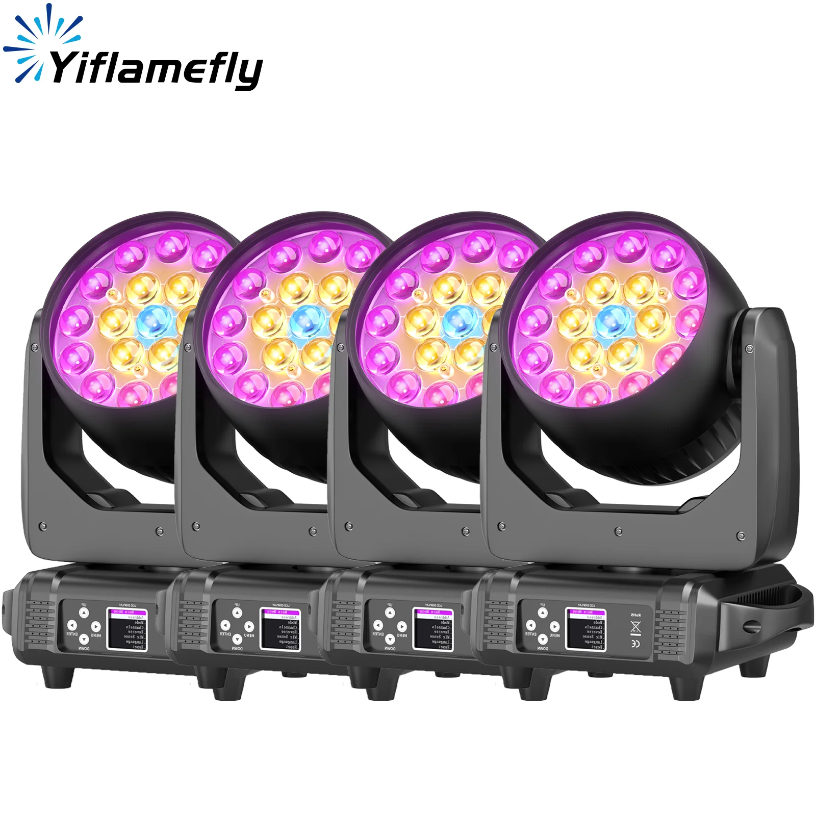 Yiflamefly 4Pcs 200W Bee Eye Zoom Moving Head Lights 19X15W RGBW