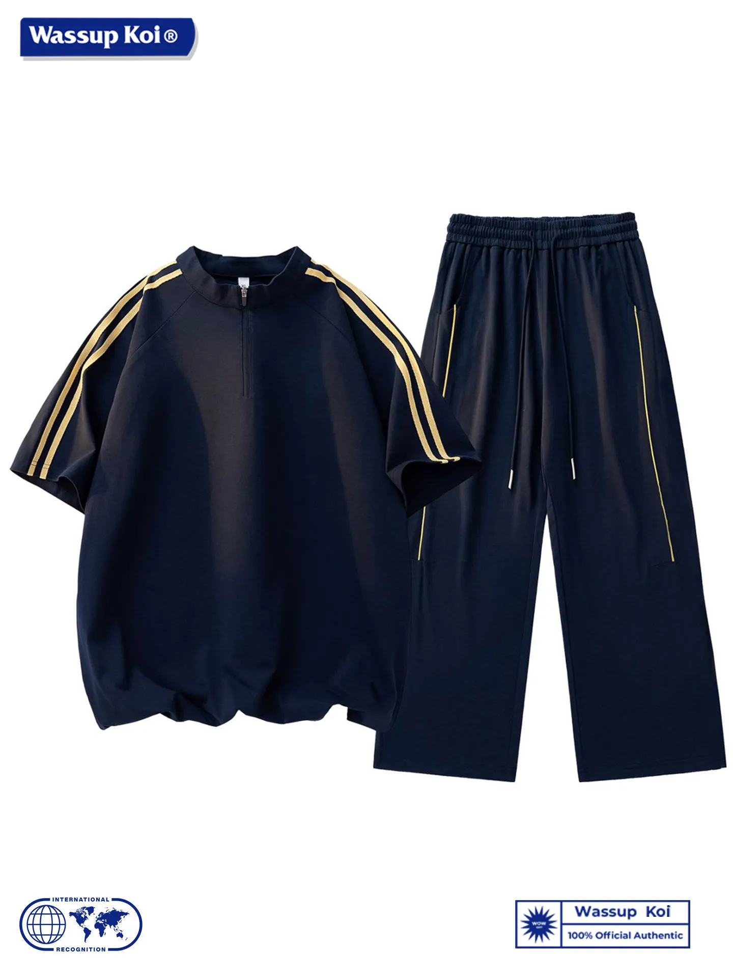 와섭 코이 남성 여름 스포츠웨어 세트 캐주얼 스트라이프 반팔 티셔츠 투피스 수트 폴리에스터 섬유 10대용
