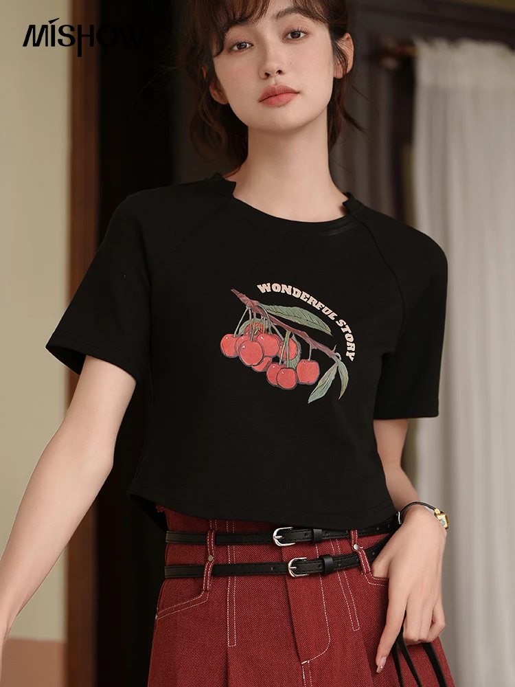 

MISHOW Cherry Printing Short Sleeved T-shirt 2023 Summer Korean Irregular O-Neck Tees Female Casual Tops Office Lady MXC34T0019