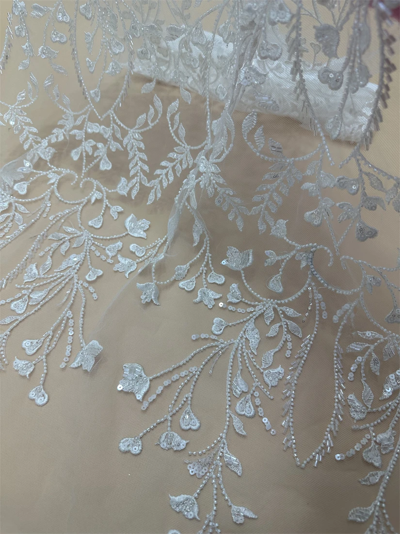

African Lace Fabric Sequins Beaded Embroidery L-13084813 Nigerian Bridal High Quality French Tulle Lace Fabric For Wedding