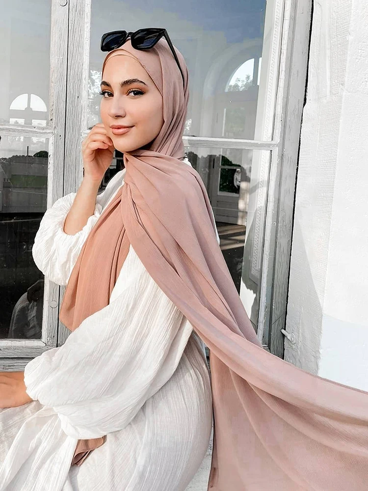 

Шифоновый хиджаб премиум-класса, женский шарф, простой плиссированный тюрбан, Женская шикарная бандана, мусульманский креп, хиджабы для женщин, Рамадан