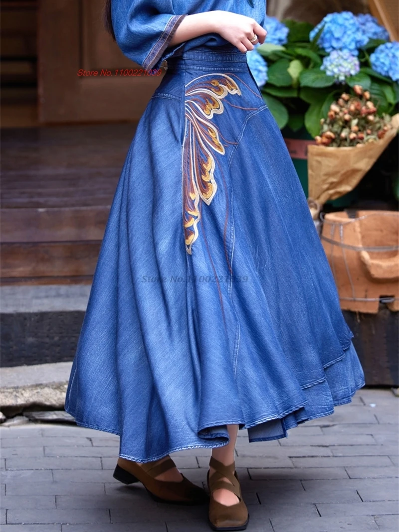 traditional chinese vintage skirt national flower embroidered denim skirt oriental traditional folk a-line streetwear