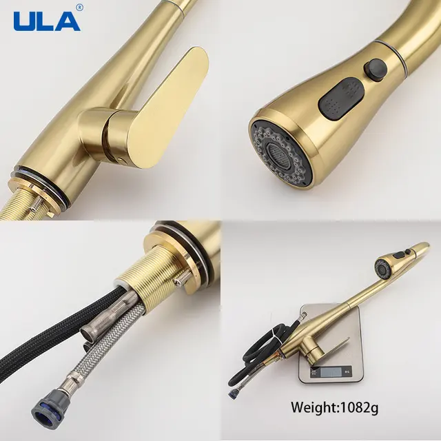 ULA สแตนเลสก๊อกน้ำสำหรับห้องครัวเครื่องทำน้ำร้อนเย็นแตะดึง Out Spout 2โหมดที่มีความยืดหยุ่นอ่างล้างจานก๊อกน้ำห้องครัว Gold แตะ 4