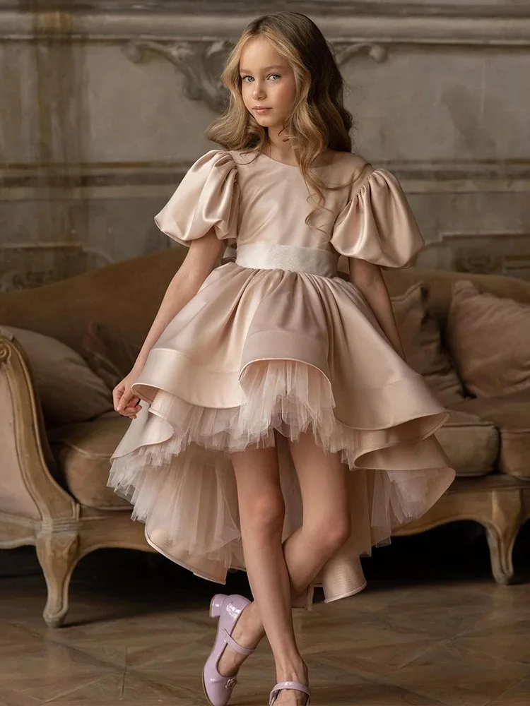 

Satin Puffy Flower Girl Dress For Wedding Tulle O-neck With Bow Short Sleeves Birthday Party Ball Princess First Communion Gown