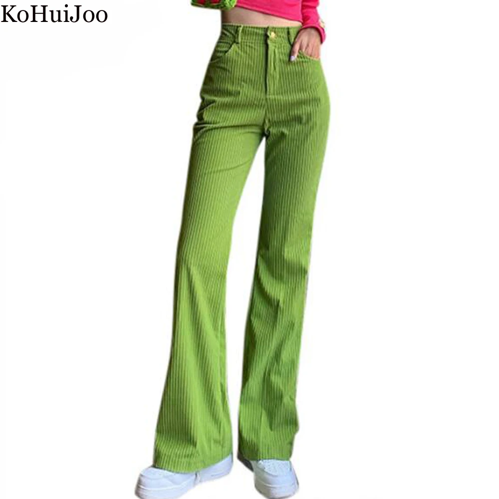 KoHuiJoo Corduroy Pants for Women Green High Strecth Solid Pockets Casual Flare Pants High Waist Trousers Autumn 2022 Pantalones