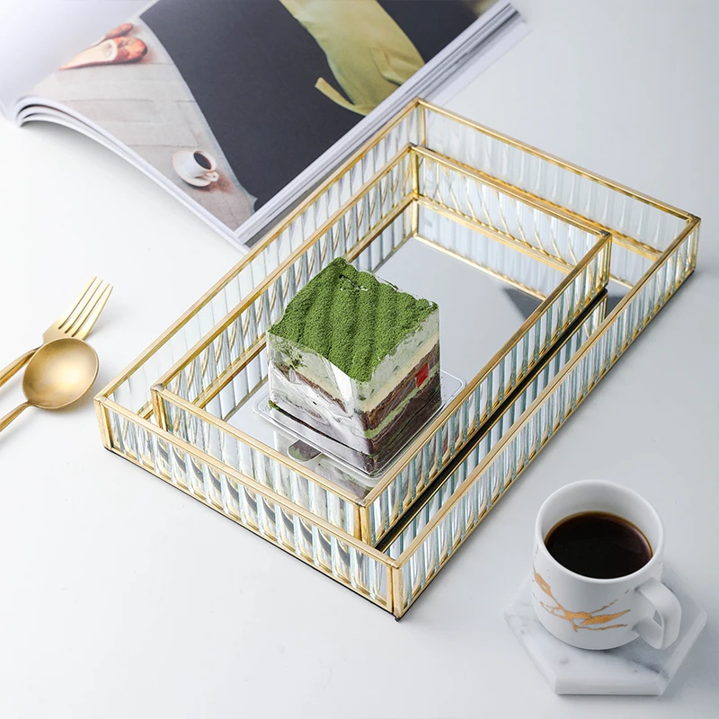 Nordic Glass Mirror Storage Tray Gold Rectangle Makeup Organizer Dessert Plate Jewelry Display Home Kitchen Decor