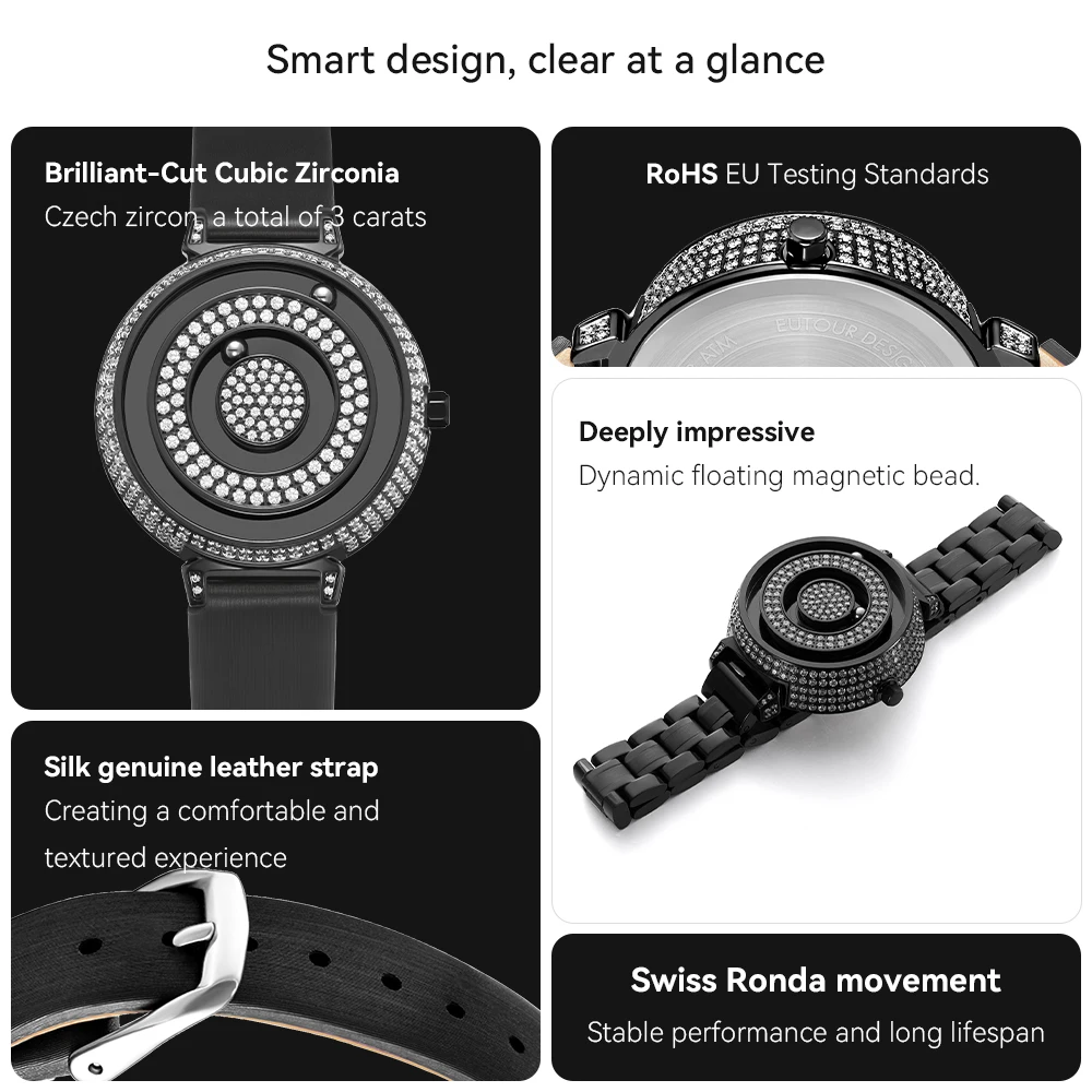Magnetische Diamant-Damenuhr von EUTOUR Wasserdichter Quarz