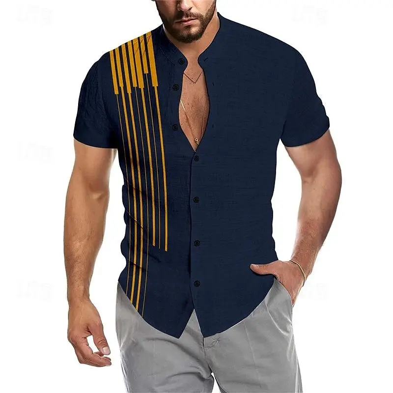 Men's Shirt Buttoned Casual Summer Shirt Beach Short Sleeve Striped Stand Collar Top Resort Clothing Stylish and Comfortable