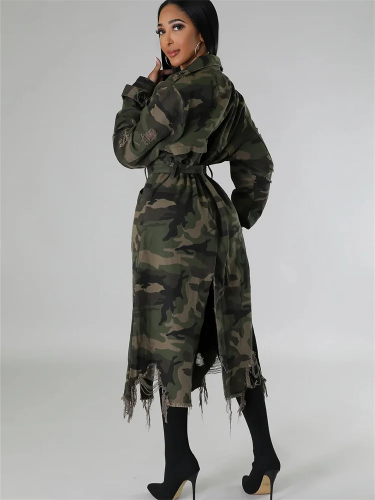 Wmstar Camouflage Trench Jacket Women Clothing Print Coat Streetwear Ripped Long Style Crop Tops Wholesale Dropshipping S-2XL