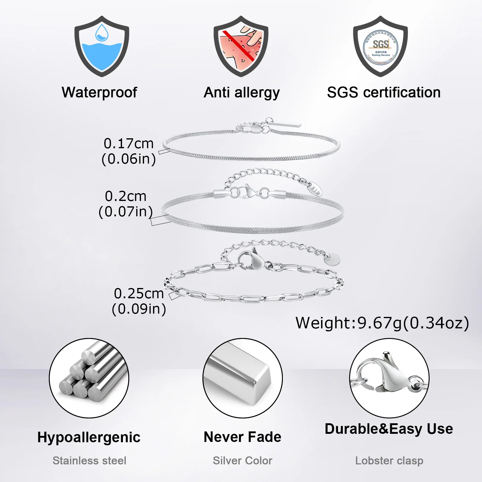 Men's Thin Chain Bracelet,Never Fade Stainless Steel Adjustable Wristband,Minimalist Hip Hop Jewelry Gift