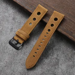 Vintage Genuine Crazy Horse Leather Watch Strap - Retro Porous Design in Multiple Sizes - 22mm (Light Brown)