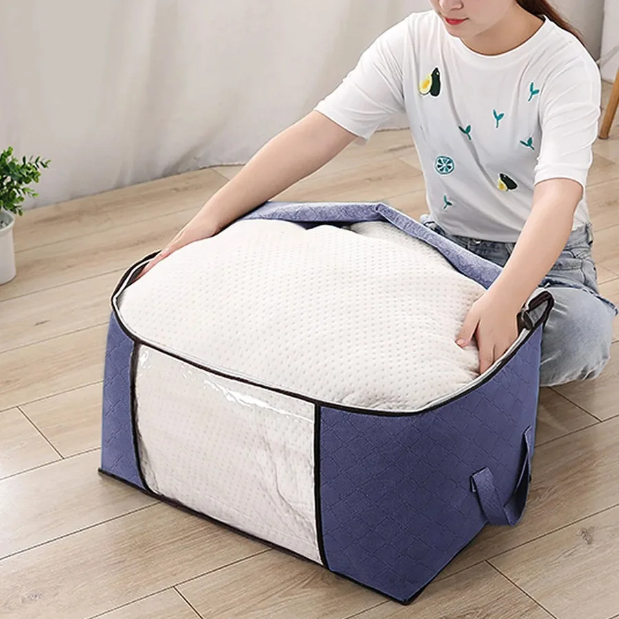 2 Pcs Clothes Storage Bag 90L Large Capacity Foldable Closet Organizer Thick Fabric Clear Window Dual-Zipper 6