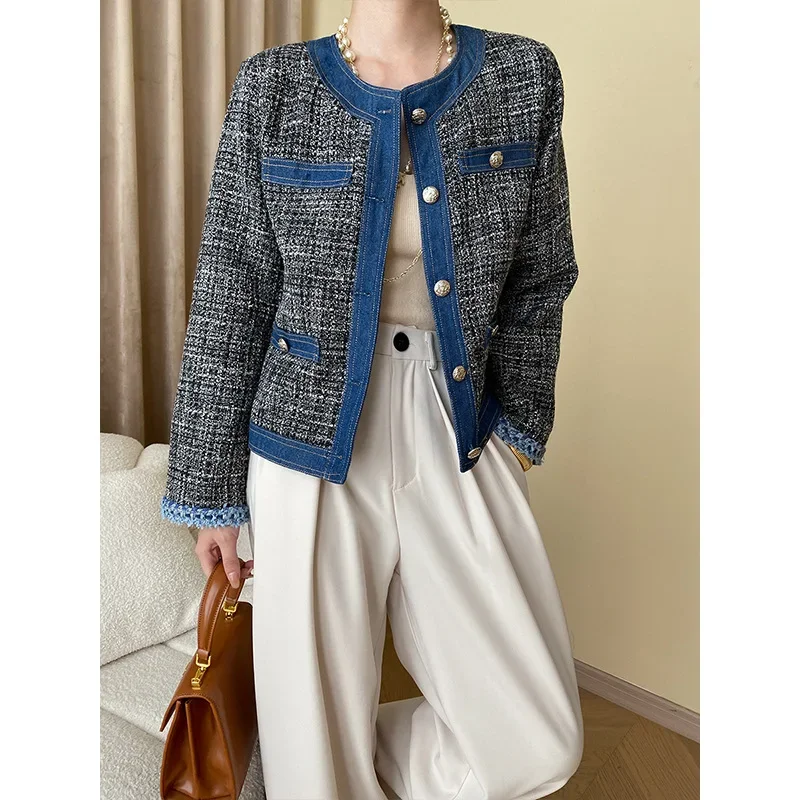 

French Denim Stitching Contrast Color Autumn Winter Coat Women Casual Loose Simple Korean Chic Long-sleeved Tweed Jacket 1553