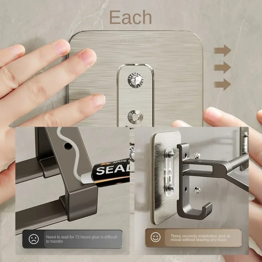 Self-Adhesive Bathroom Towel Rack Clothes Holder Gun Gray Aluminum Double Pole Bar With Hook Without Drilling Toilet Accessories towel holder towel rack bathroom facilities clothes hanger rod