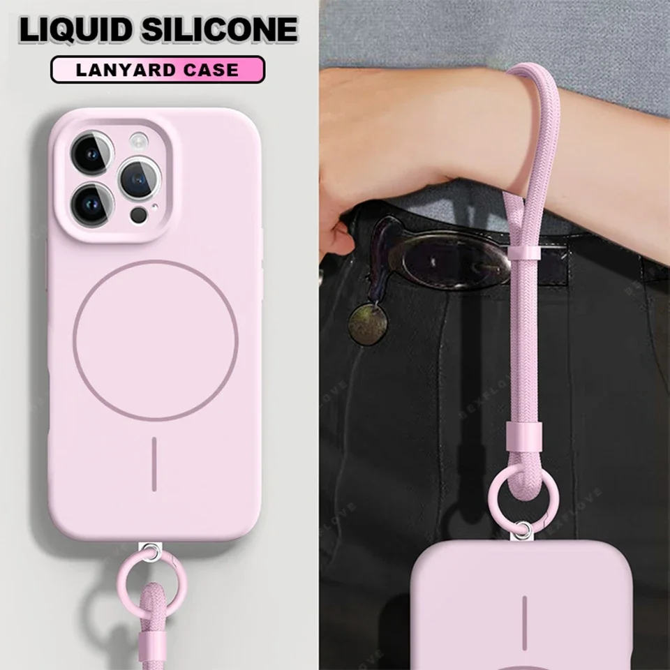 Magnetic Lanyard Phone Case with Wrist Strap and Liquid Silicone Protector Cover