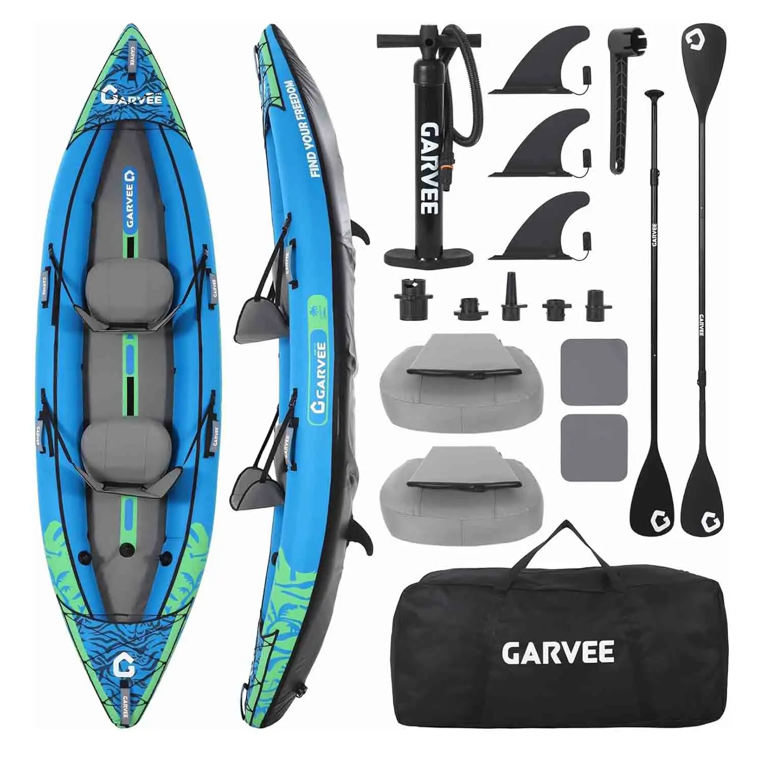Kayak gonflable 2 places pour pêche et randonnée avec sièges rembourrés, pagaies et pompe