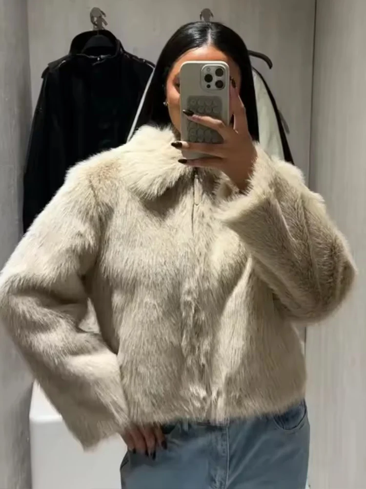 Loose Warm Zipper Faux Fur Jackets For Women Lapel Long Sleeve Pockets Thicken Coats 2025 Autumn Winter Lady Elegant Outwear New