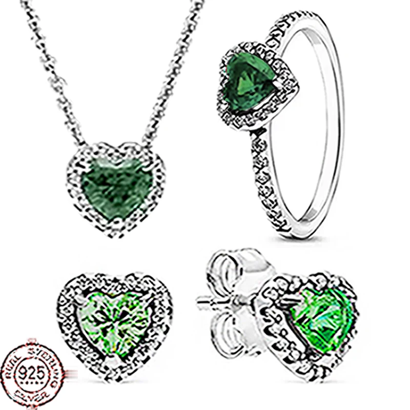 

Hot selling 925 sterling silver green zircon heart-shaped series ring necklace set fit original women's exquisite jewelry gifts