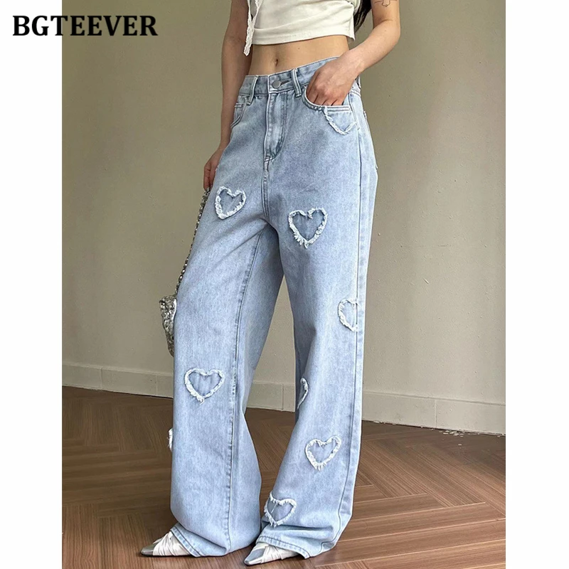 

BGTEEVER Summer Loose Heart Denim Trousers for Women High Waist Pockets Women Long Denim Pants